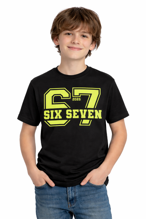 Child wearing a black t-shirt with '67 SIX SEVEN' in yellow on a white background