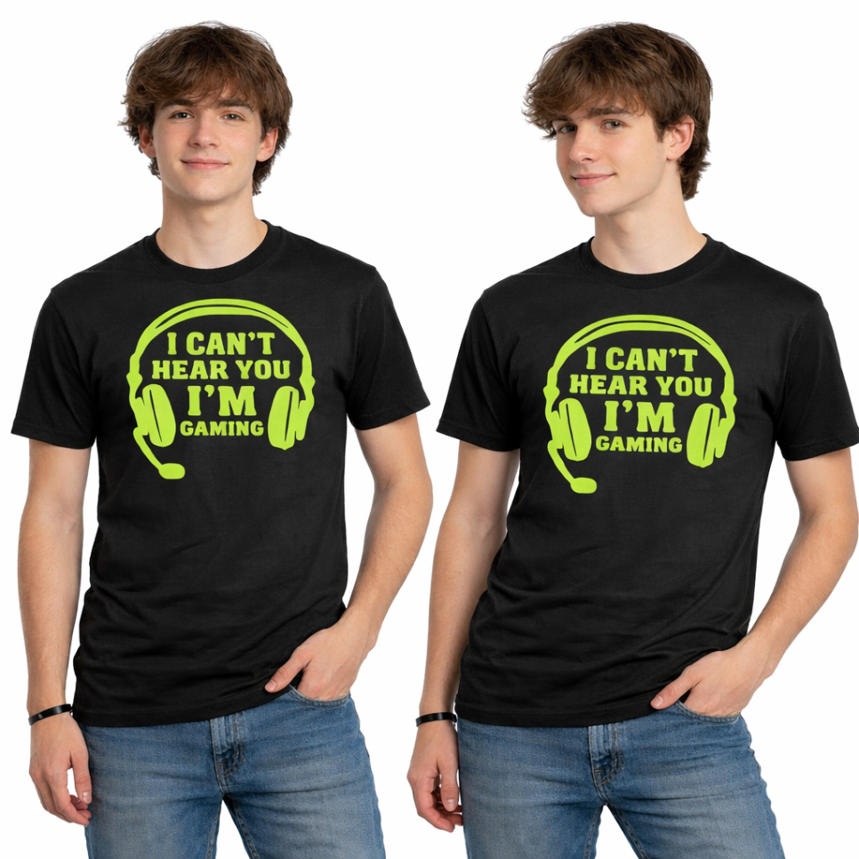 Two identical black t-shirts with green text and headphones graphic worn by a person on a white background.