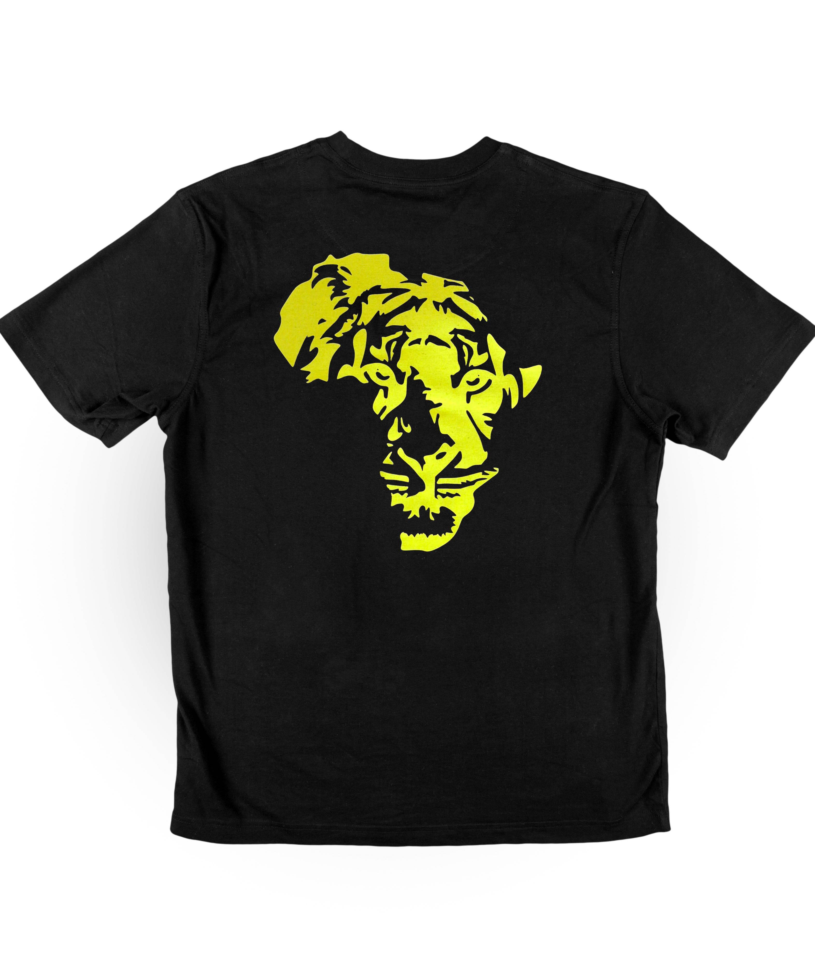 Africa map neon t-shirt by Neon DripWear featuring a hidden lion design that glows under UV light.