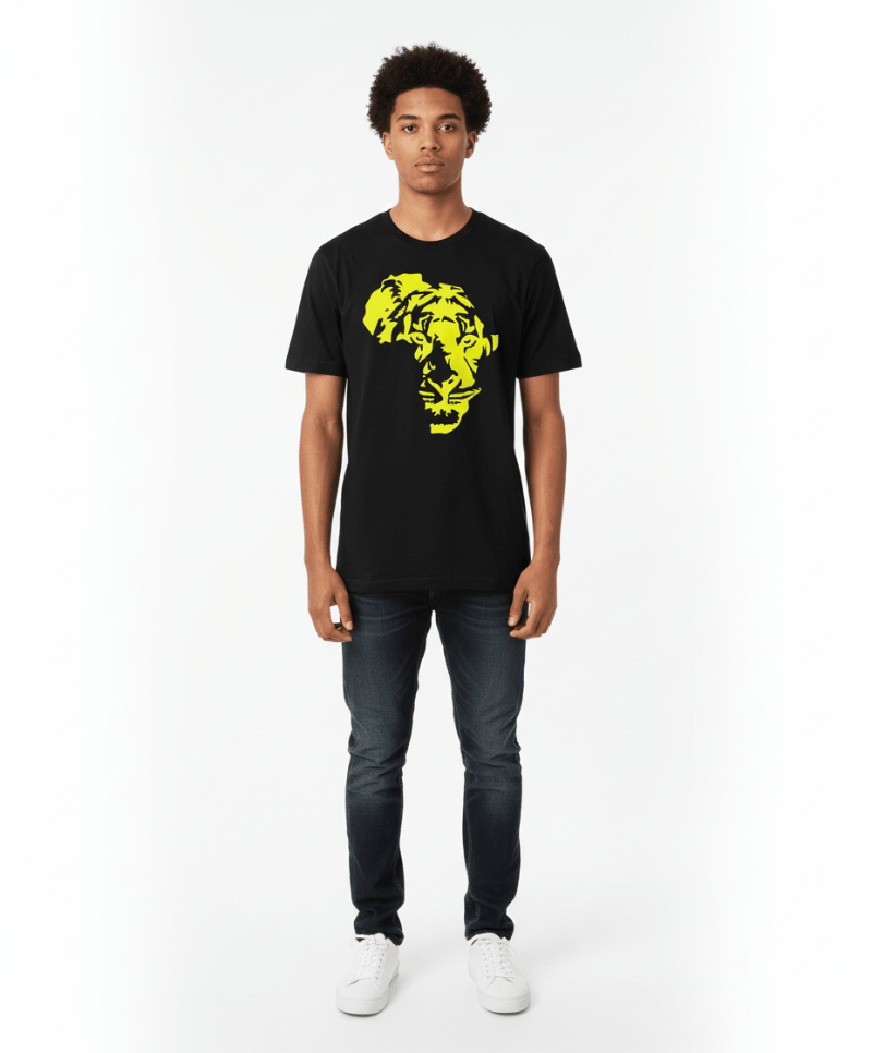 Model wearing a Neon DripWear UV-reactive Africa map t-shirt featuring a hidden lion design in vibrant colors.