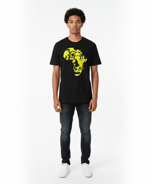 Model wearing a Neon DripWear UV-reactive Africa map t-shirt featuring a hidden lion design in vibrant colors.
