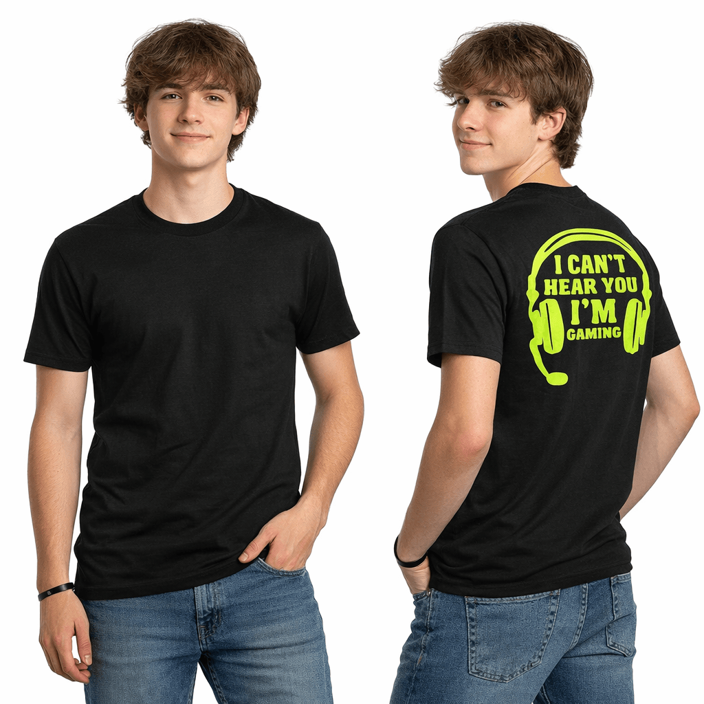 Model wearing "I Can't Hear You, I'm Gaming" UV-reactive neon gamer t-shirt by Neon DripWear.