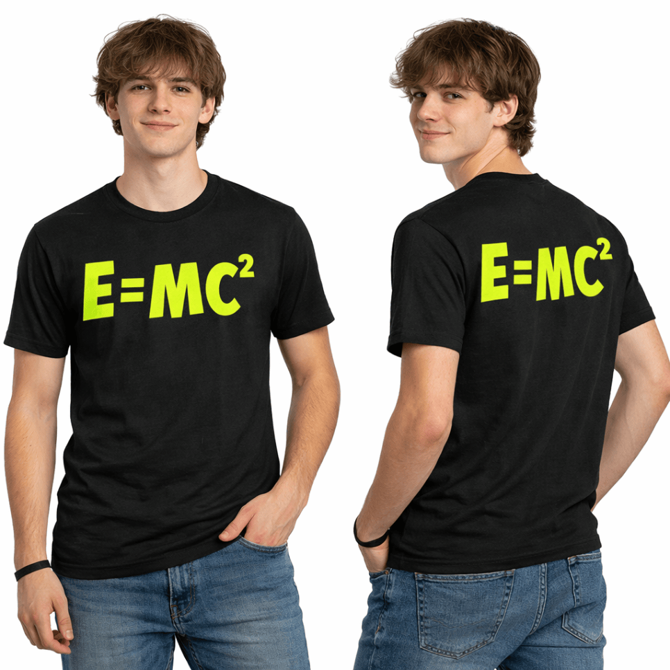 Mass-energy equivalence graphic on a Neon DripWear t-shirt in vibrant colors. Perfect for science enthusiasts.