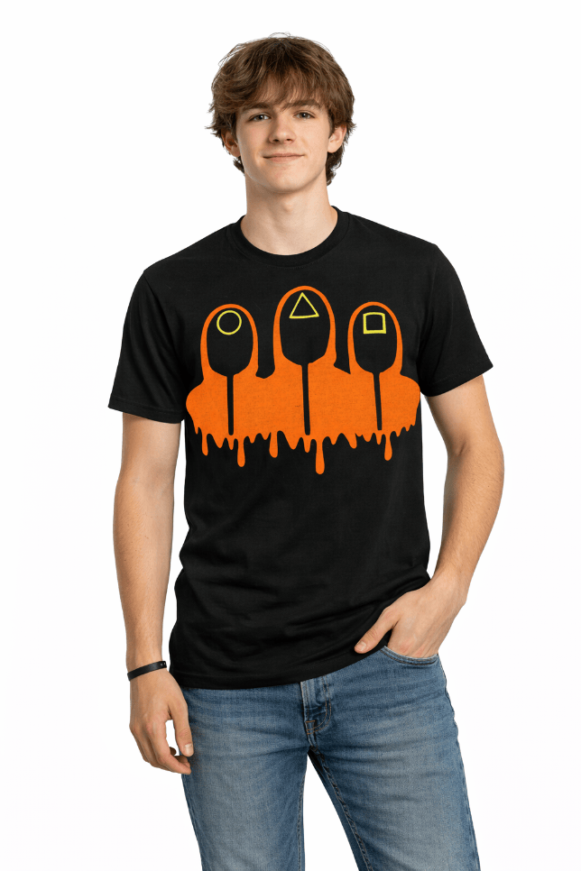 UV-reactive Squid Game T-shirt by Neon DripWear featuring vibrant colors and unique squid design.